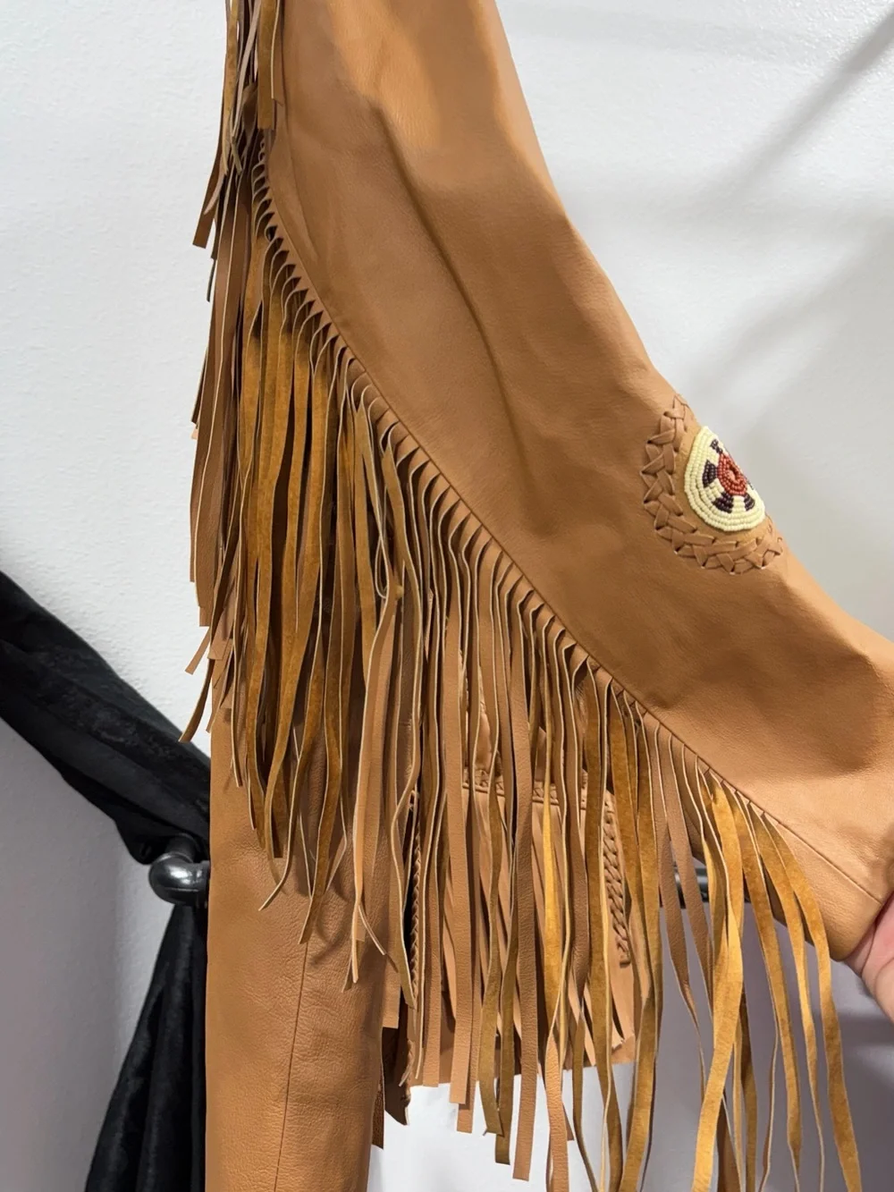 Scully Tan Leather Fringe Jacket with Beaded Shoulder Accents